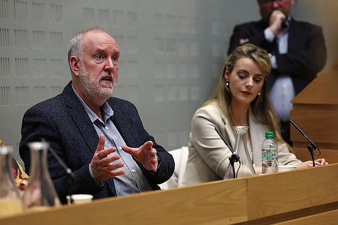 Connacht Tribune editor Dave O'Connell speaking at the Local Ireland Oireachtas, watched by Limerick Leader editor Aine Fitzgerald.